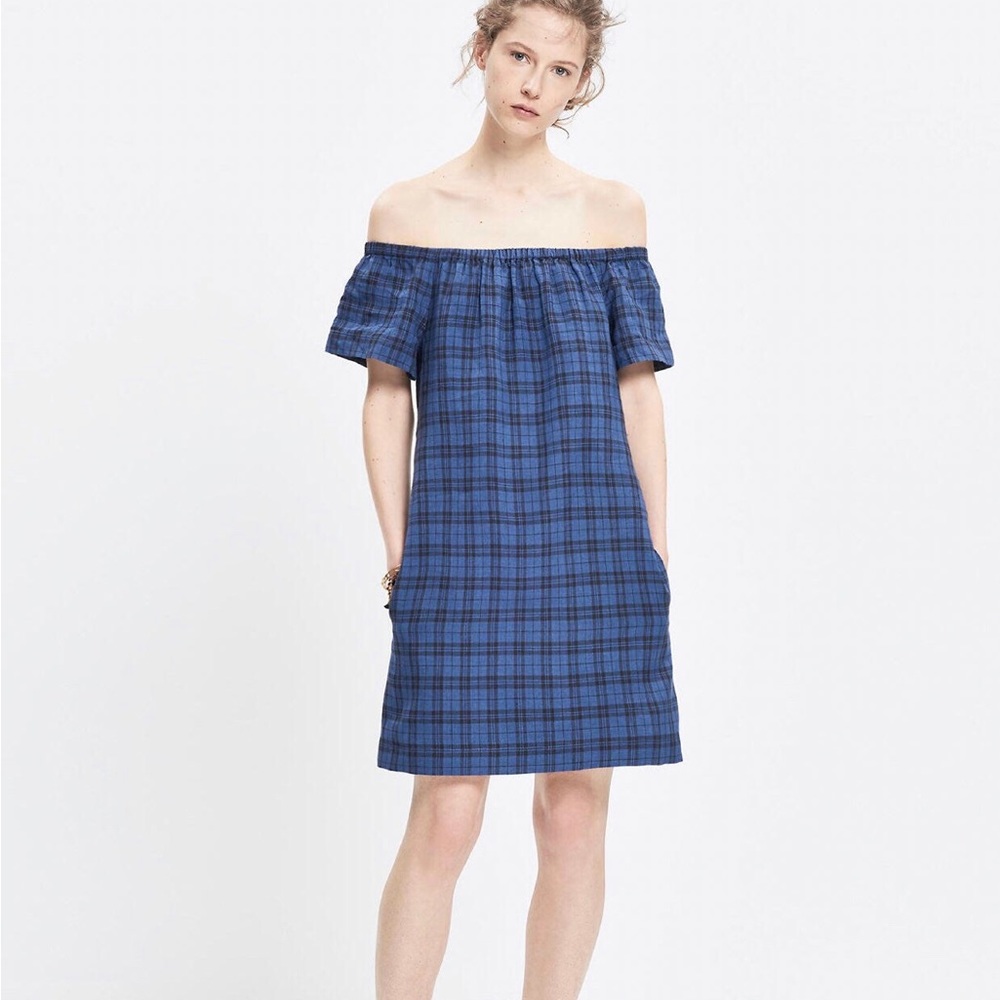 LAST CHANCE! Madewell Women’s Plaid Off Shoulder Cotton Linen Shift Mini Dress